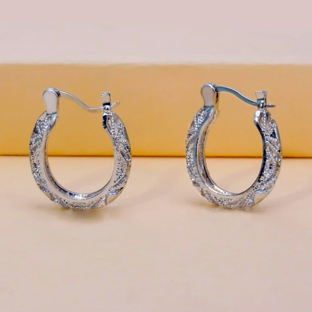 New Sterling Silver Boho Latch Back Diamond Cut Fancy Filigree Hoop Earrings - Picture 5 of 13